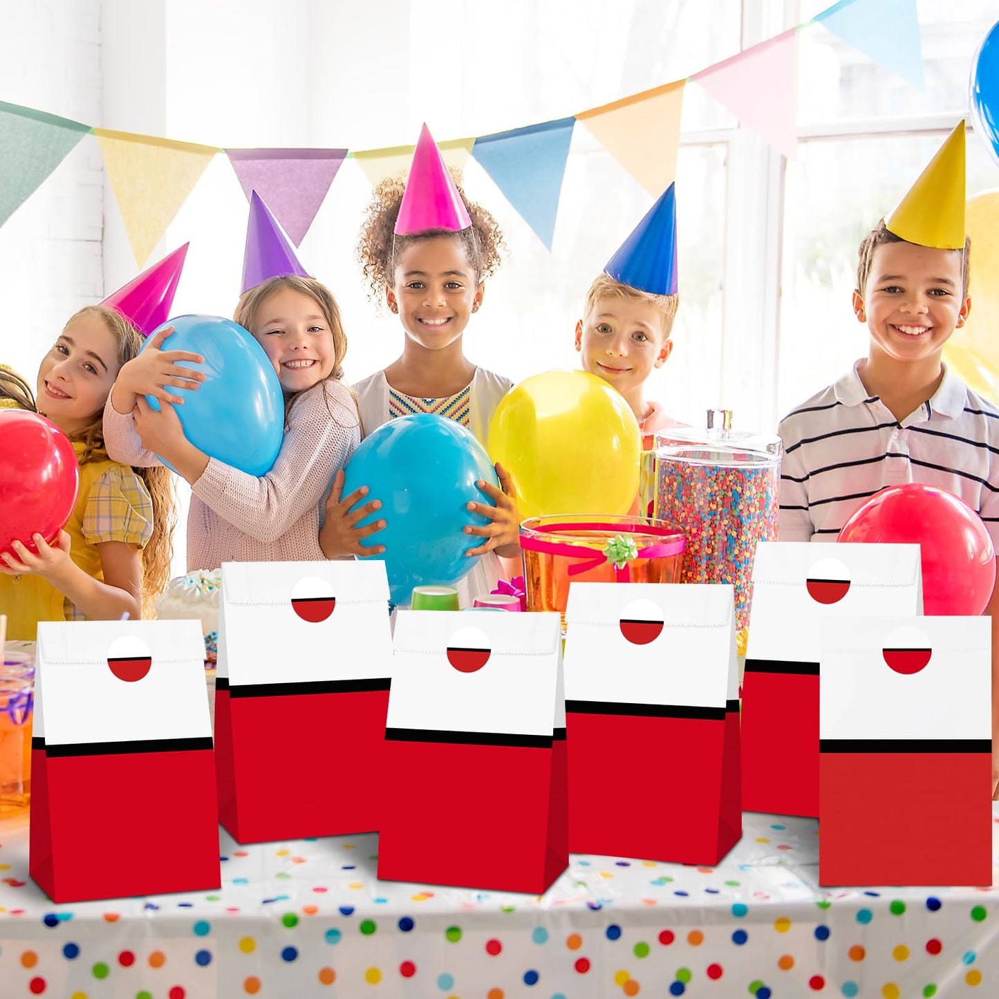Joottuan 24 Pcs Cartoon Goodie Bags Red White Candy Bags with 24 Stickers Paper Gift Bag Decorations for Birthday Holiday Event Supplies Gift Fillers