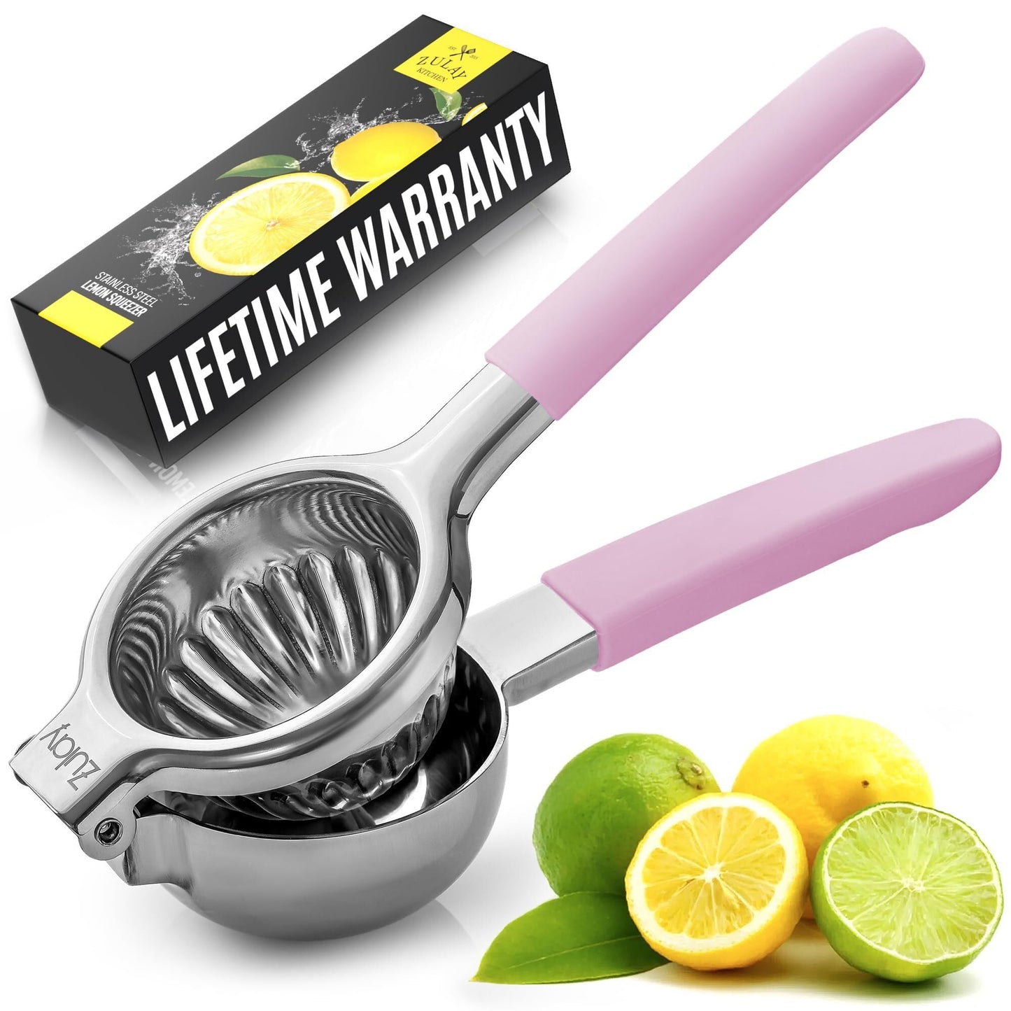 Zulay Lemon Squeezer Stainless Steel with Premium Heavy Duty Solid Metal Squeezer Bowl (Black Grip, Large)
