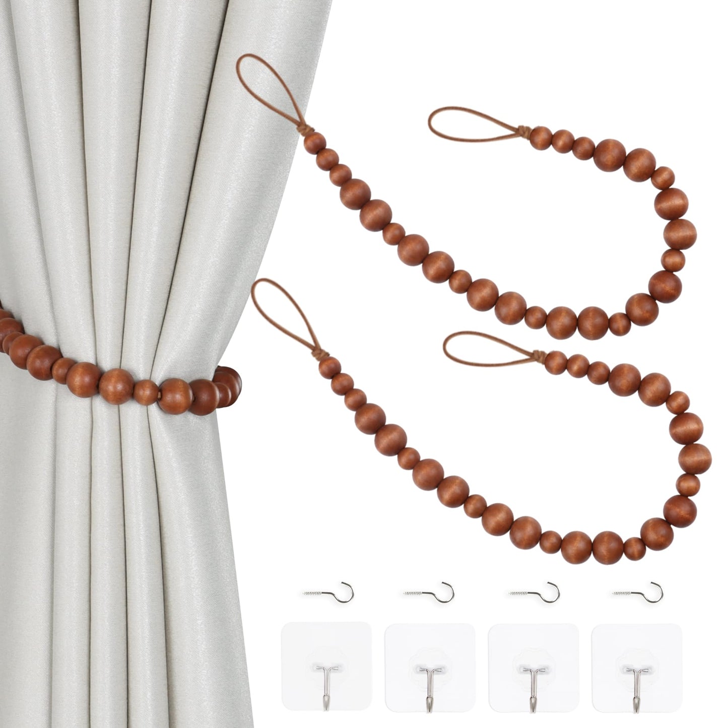OCIOLI 2 Pieces Curtain Tieback Wood Bead Curtain Tiebacks Curtain Holdbacks for Wall Curtain Ties Window Treatment Curtain Tie Backs with Hooks Curtain Pull Backs (Coffee,2)