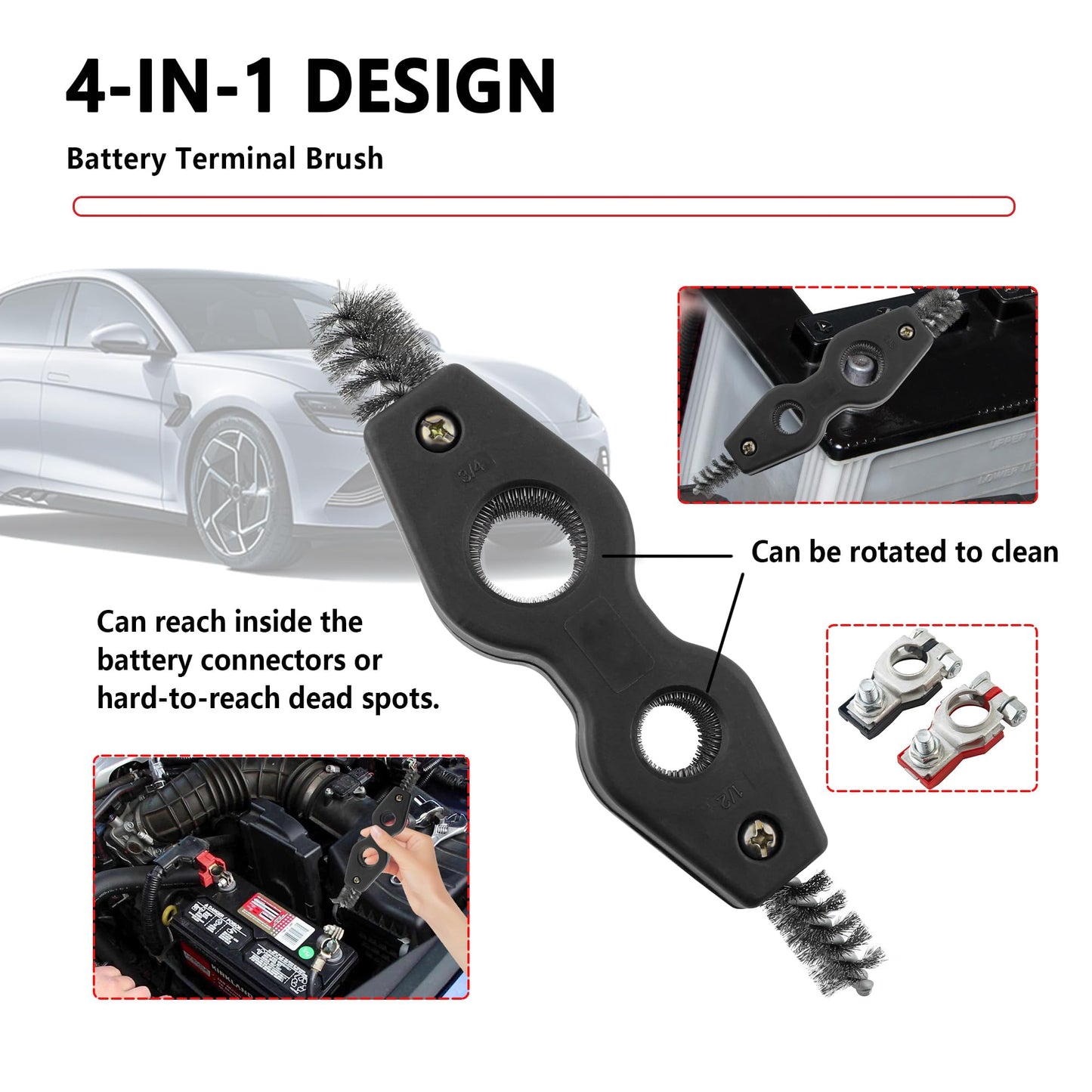 Stacool Car Battery Terminal Cleaner,Stainless Steels 4-in-1 Battery Post Cleaner for Post Adapter & Clamps,Multi-Purpose Car Cleaning Accessories (Black)