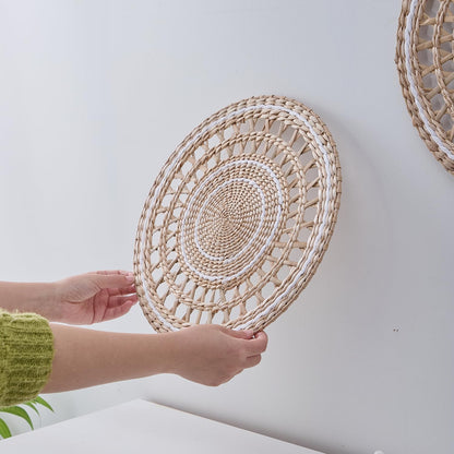 Deosur 2PCS Boho Woven Grass Wall Hanging & Tray – 35CM Handmade Round Wall Art for Living Room & Bedroom – Dual-Purpose, in White