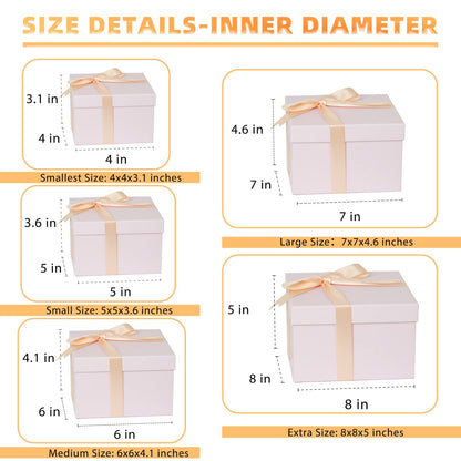 5 Pack Large Square Nesting Gift Boxes with Lids for Presents, 4"-8" Pink Stacking Gift Box with Ribbon Card for Wedding Birthday Party Valentine Christmas