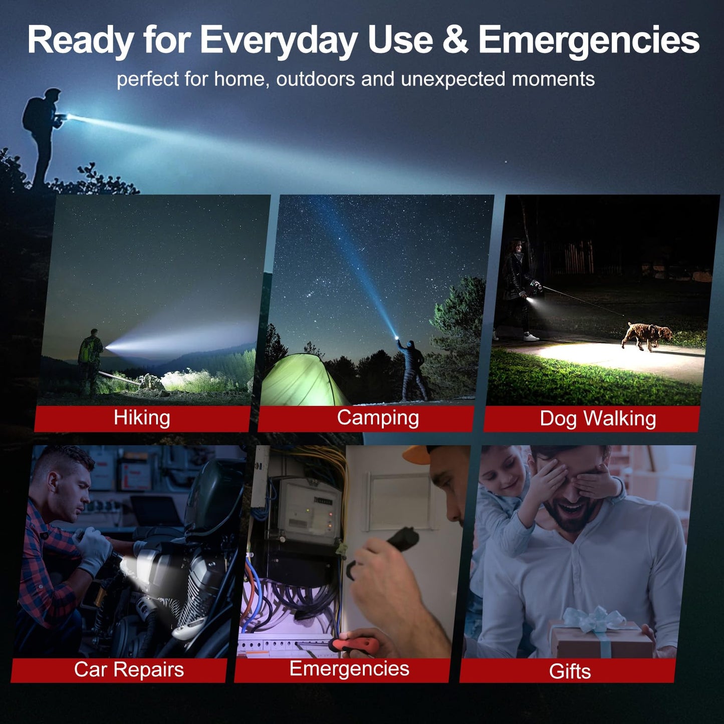 Shadowhawk Rechargeable Torch, 500000 Lumen Torches LED Super Bright, 5000 mAh Long Lasting, Adjustable Focus, IP67 Waterproof, 5 Modes, Powerful Handheld Flashlight for Power Cuts, Camping, Emergency