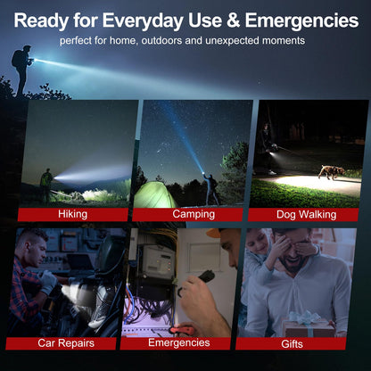 Shadowhawk Rechargeable Torch, 500000 Lumen Torches LED Super Bright, 5000 mAh Long Lasting, Adjustable Focus, IP67 Waterproof, 5 Modes, Powerful Handheld Flashlight for Power Cuts, Camping, Emergency