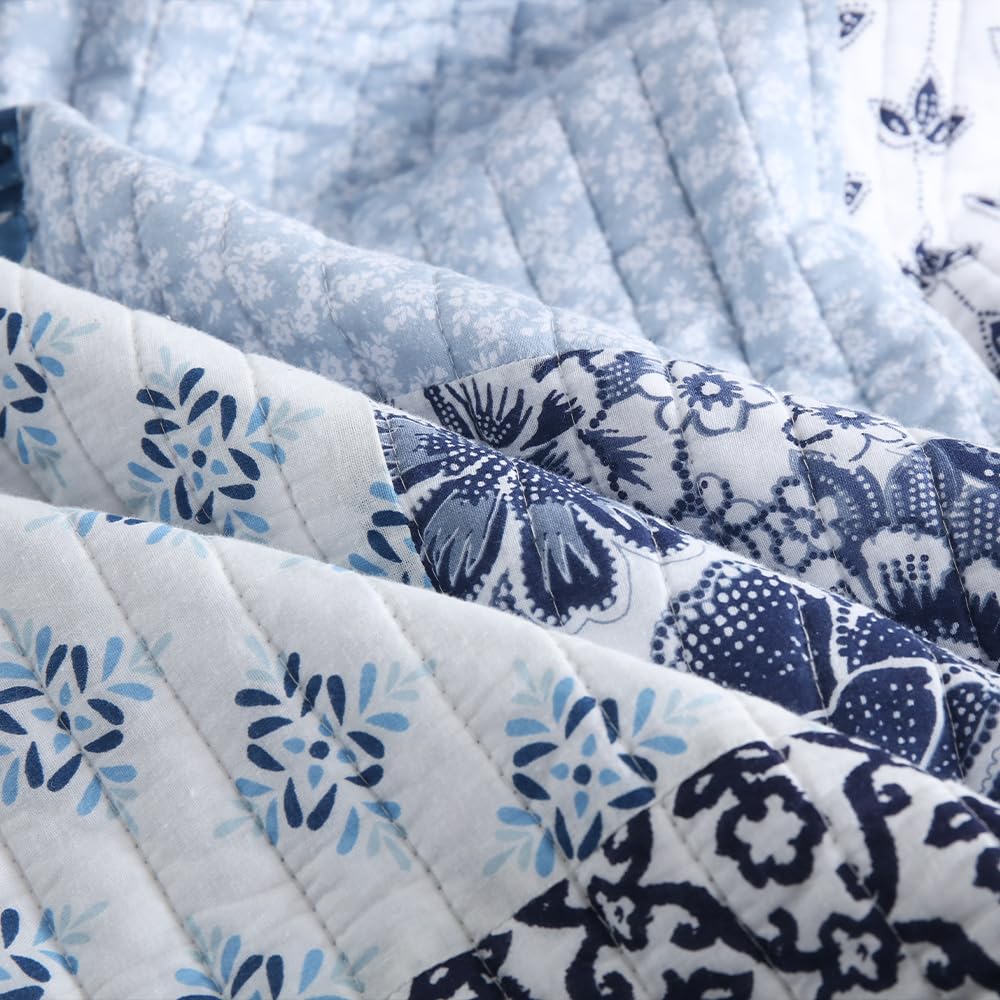 ENASAL Cotton Bedspread Quilt Sets Reversible Bedding Coverlet Sets Luxury Blue White Floral Real Patchwork Bedspread, Queen Size