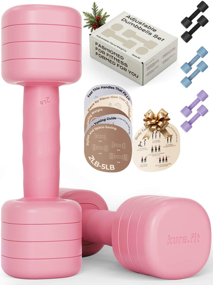 Adjustable Dumbbell Set｜2LB 3LB 4LB 5LB Light Hand Weights for Women｜One-Twist Weight Adjustment｜Non-Slip Curved Grip Handle｜Free Weights for Home Gym, Rehab, Pilates, Yoga, Strength Training