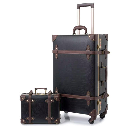 urecity Vintage Luggage Set of 2, Retro Suitcase Trunk with Wheels for Men and Women, Cute Designer Travel Luggage Set with Boarding Tote, Luggage Zipperless TSA Approved (20"+12", Black)