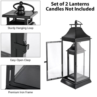 SwallowLiving Black Outdoor Lanterns Set of 2, 19.5" & 13.3" Farmhouse Large Metal Decorative Candle Lanterns with Tempered Glass for Patio, Fireplace, Table Centerpiece & Indoor Decor (No Candle)