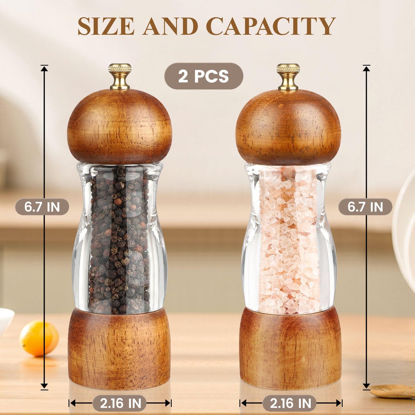 Wood Salt and Pepper Grinder, Manual Salt Grinder and Pepper Mill Refillable, Wooden Shakers with Adjustable Ceramic Grinders - 6 inches, 2 Pack