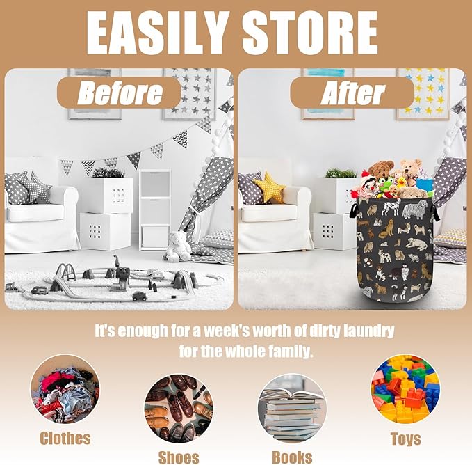 Cute Dogs Laundry Basket, Foldable Dog Lover Laundry Hamper Tote Bag Dirty