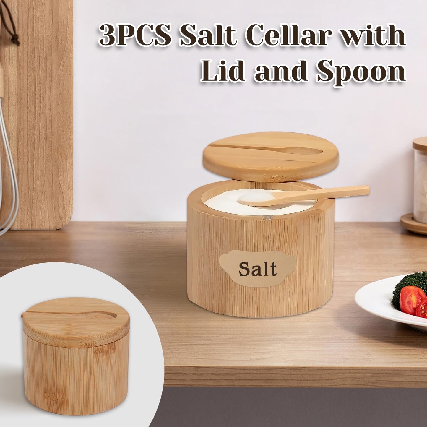 FHUIEWRY 3Pcs Bamboo Salt Cellar, Salt Box Bowl with Magnetic Swivel Lid & Spoon, Round Salt Container Holder Spice Box with Label Stickers to Storage Pepper Spice Sea Herbs Sugar for Countertop,6 OZ