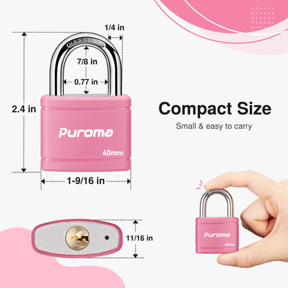 Puroma Keyed Padlock with 2 Keys Alike, 7/8 Inch Locker Lock 40mm Heavy-Duty Locks for Gate Fence Hasp Cabinet Toolbox School Gym Locker (Pink)