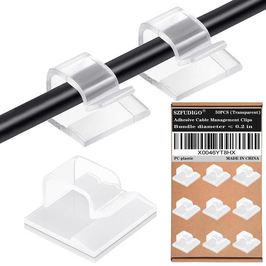 SZFUDIGO Cable Clips，50PCS Electrical Cord Management Adhesive Cable Wire Clip Wire Clips Wall，Used for Cars, Offices, and Homes Cable Clips Cord Organizer (Transparent)