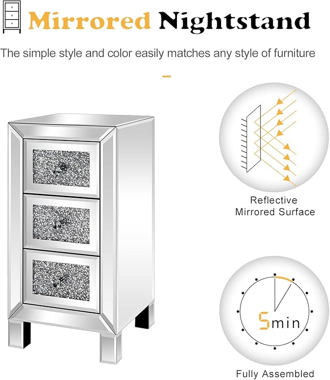 VINGLI 3-Drawer Mirrored Nightstand Bedside Table Glass Accent End Table
