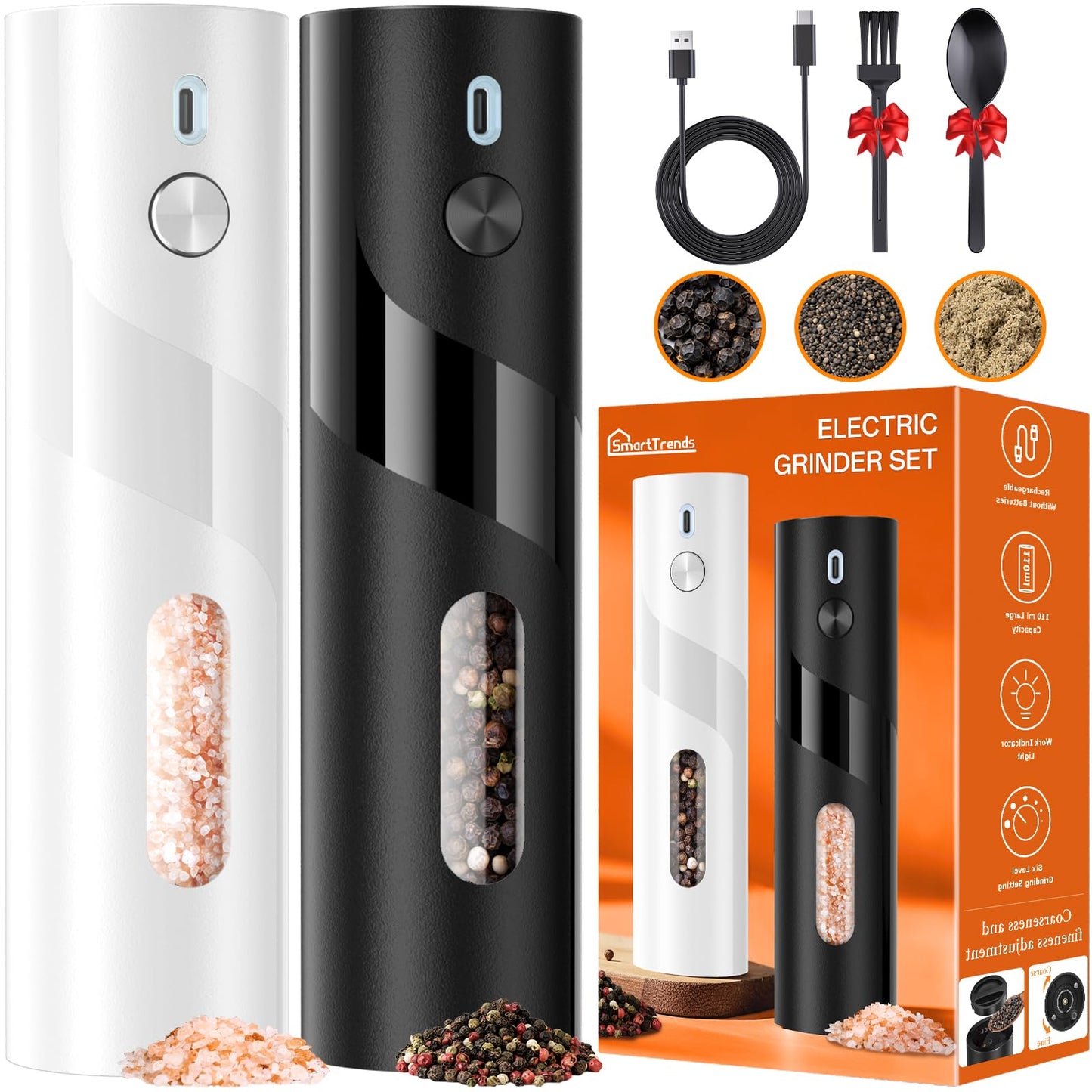 SmartTrends 110ml Electric Salt and Pepper Grinder Set, 2-Pack Auto Salt and Pepper Shakers with Large Capacity, Rechargeable, Adjustable Coarseness for Kitchen, Outdoor Dining (Black & White)