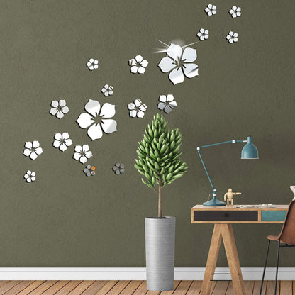 18pcs Acrylic Mirror Wall Sticker Decal for Home Living Room Bedroom Decor 3D Flower DIY Wall Decoration Silver