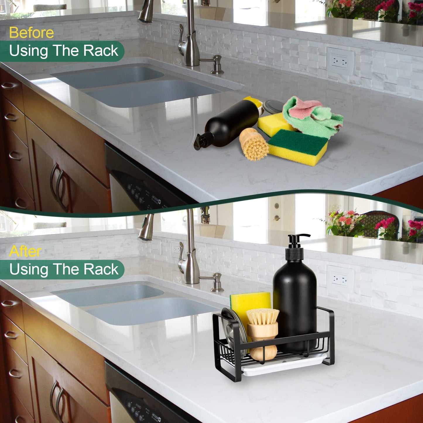 TEZZ Sponge Holder for Kitchen Sink- Stainless Steel Kitchen Sink Caddy for Organizing Sponge, Brush & Soap Dish Dispenser, coutertop Organizer Rack with Adhesive or Counter top, Black
