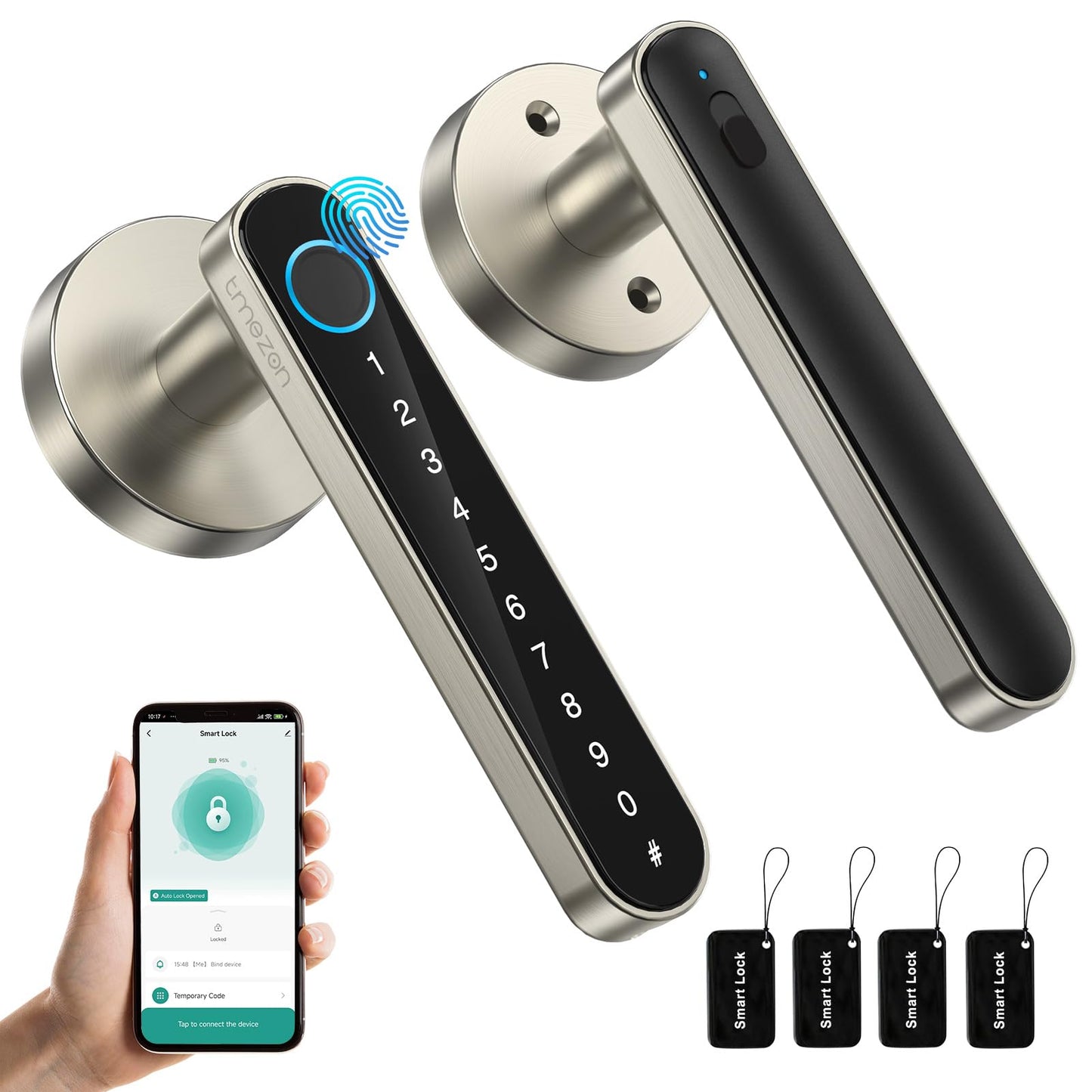 TMEZON Smart Door Lock Fingerprint, Keyless Entry Door Lock with Handle, APP/IC Cards/Codes/Keys/Fingerprints Biometric Electronic Keyless Entry Lock for Bedroom Home Hotel Office