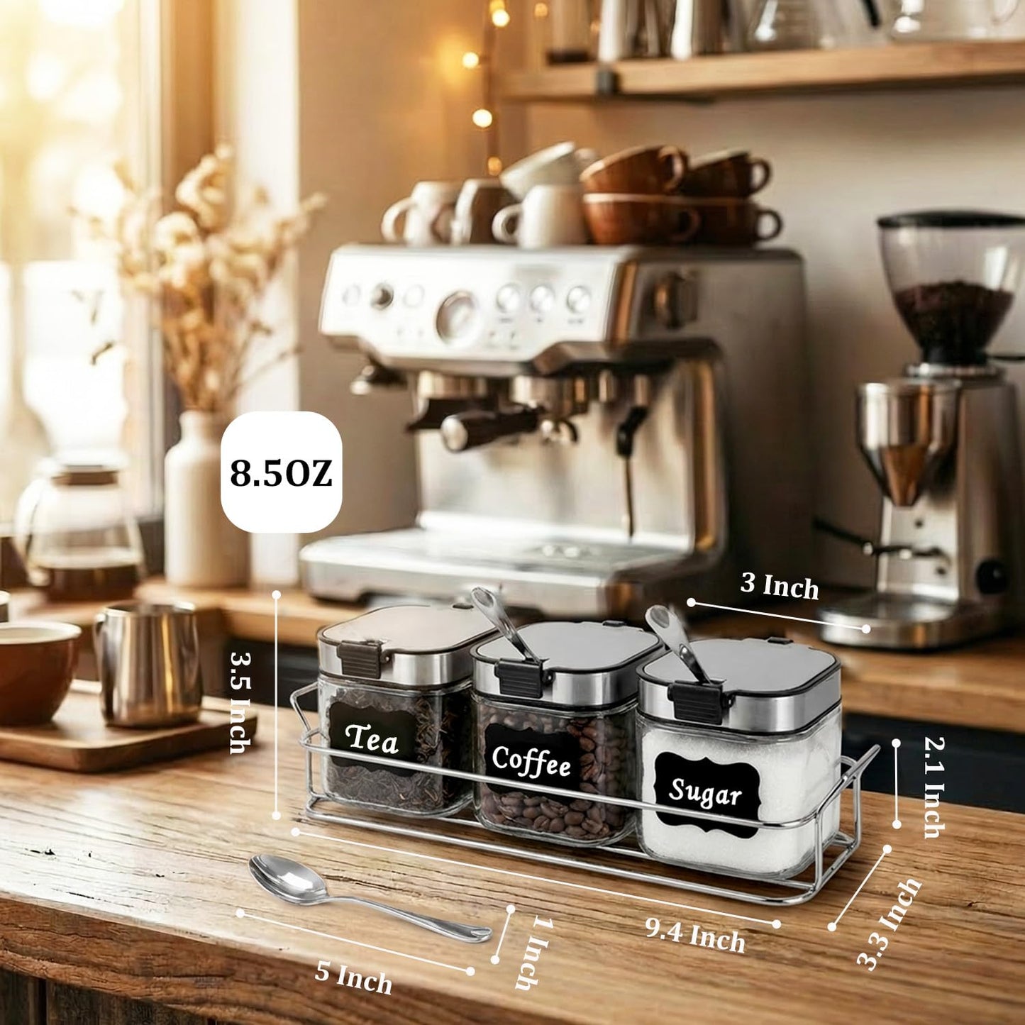 Aelga Glass Sugar Canister Set with Lid, Spoons and Rack, 3 Pack Sugar Container for Coffee Bar, Stainless Steel Flip-Top Lid, Salt and Spice Jar for Kitchen Countertop, Coffee Bar Accessories