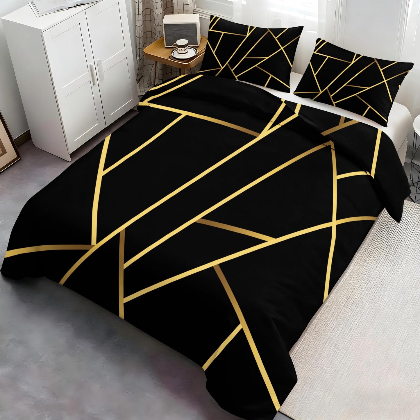 ZAOMIR Geometric Duvet Cover Queen Size, Abstract Modern Geometric Stripes Bedding Set 3 Piece, Black Gold Geometry Lines Patterned Comforter Cover with Zipper Soft Microfiber, 2 Pillowcases