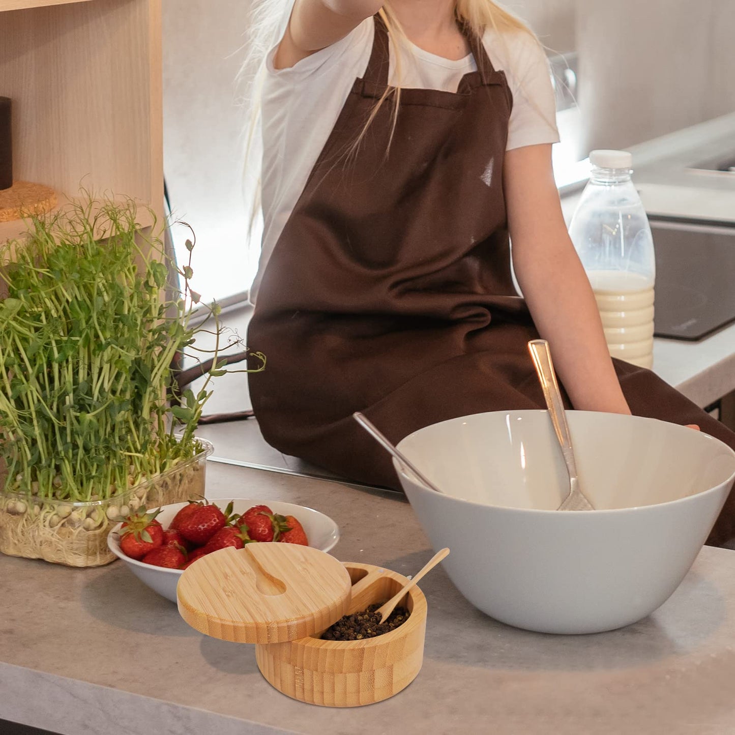 HTB Bamboo Salt and Pepper Bowls, Divided Salt Cellar With Swivel Lid and Spoon, Seasoning Containers With Magnetic Lid to Keep Dry, Mini Spoon Built Into Top, Great When You May Have Messy Hands