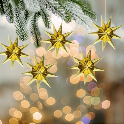 5Pcs Gold Christmas Paper Star,12 Inch Large 9 Pointed Hanging Star Lantern for Xmas Tree,Fireplace,Porch,Birthday Party,Home Decor