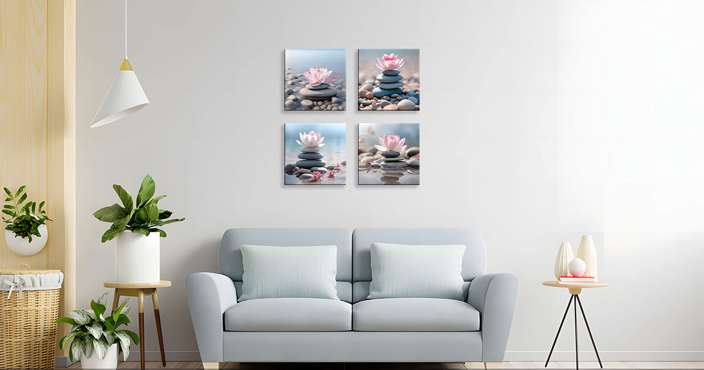 NAN Wind 4PCS Mordern Zen High-Definition Canvas Print Pink Lotus Stacked Zen Stones Spa Wall Art Easy-to-Hang Wall Art for Serene Home Deco Meditation Rooms Yoga Studios and Zen Enthusiasts