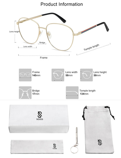 SOJOS Oversized Aviator Blue Light Blocking Glasses for Women Men, Metal Frame Clear Lens Eyeglasses SJ5098, Gold Frame/Anti-Blue Light Lens