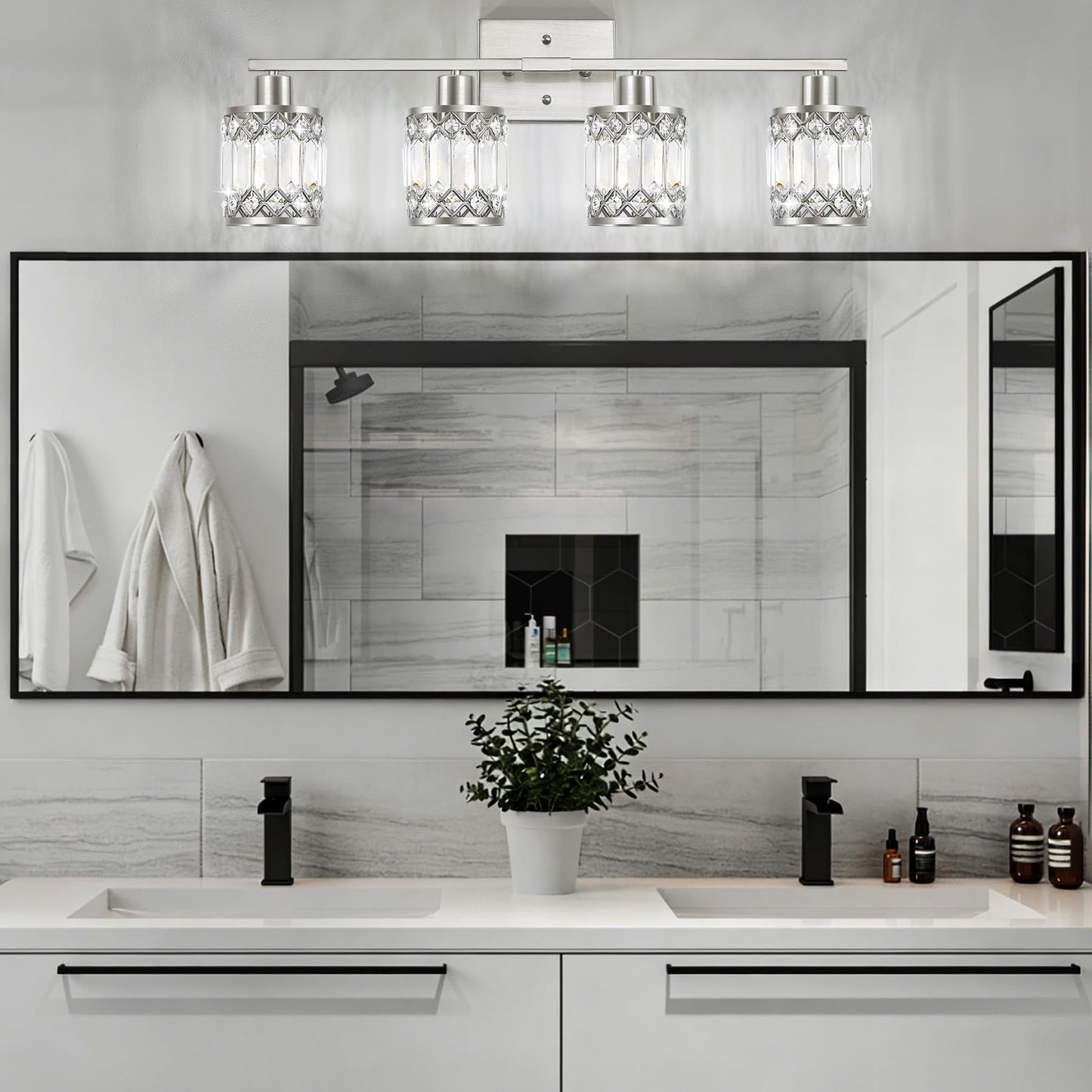 JZEKVN Crystal Modern Bathroom Light Fixtures, 4-Light Brushed Nickel Bathroom Vanity Wall Light, Vanity Lights for Mirror, Restroom, Bedroom (E26 Socket, Bulbs Not Included)