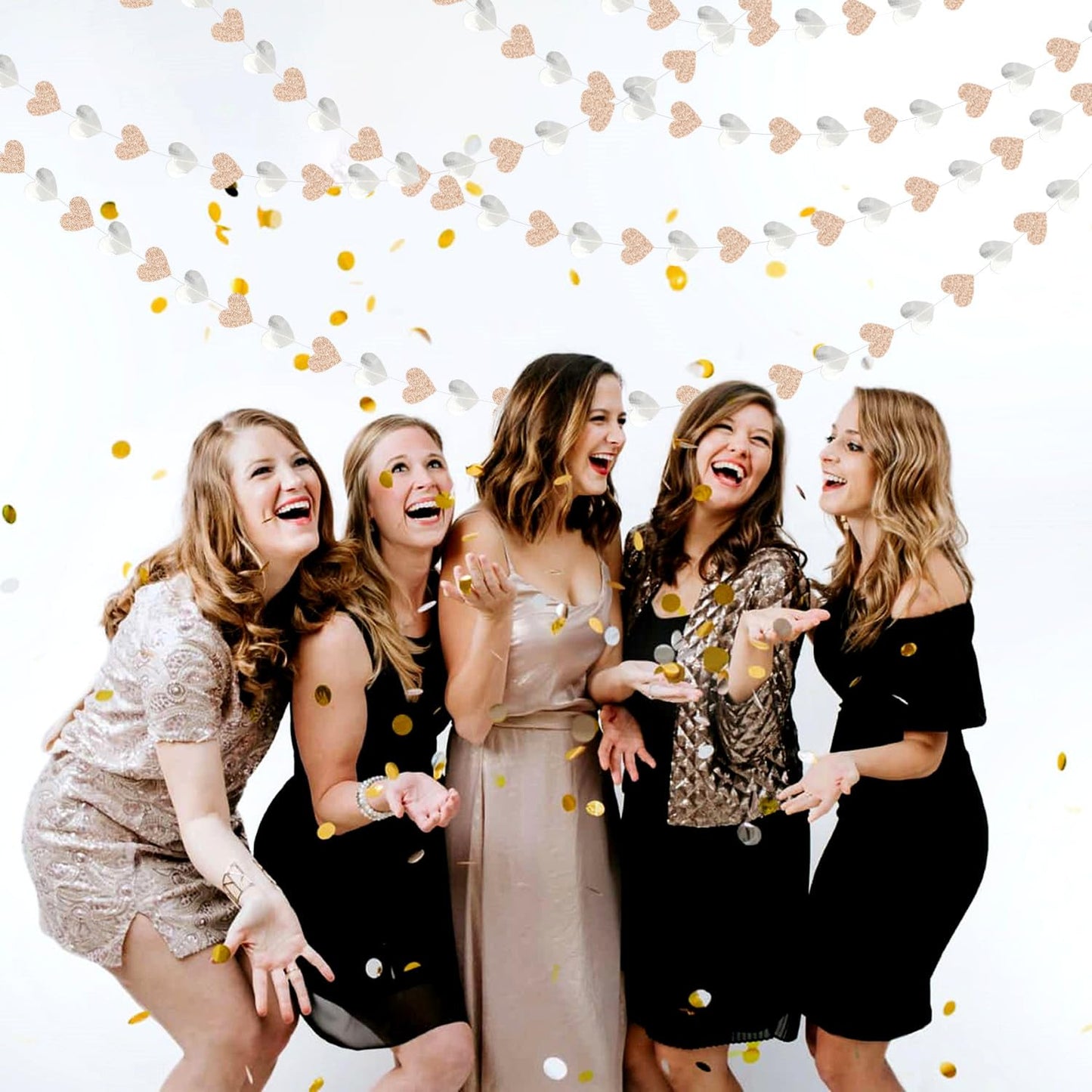 Champagne-Silver Disco Boho Party-Decoration Heart Garland - 52ft Glitter Birthday New Years Eve Hanging Backdrop Streamers,Engagement Wedding Bachelorette Banner Decor Lasting Surprise