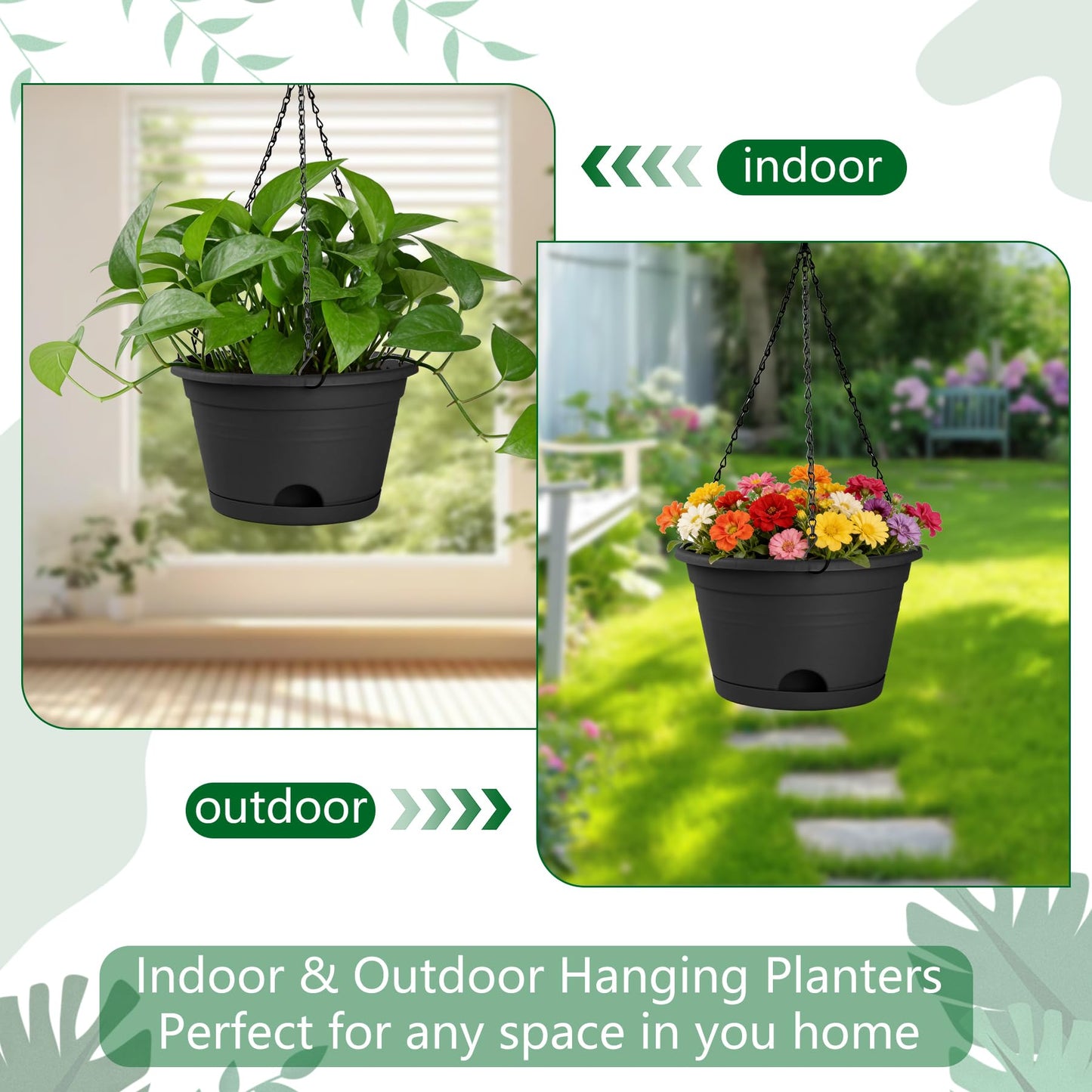Nooulap 4 Pack Hanging Planters, 10 Inch Hanging Plant Pot with Hanger Chain & Drainage Trays, Hanging Baskets for Plants Outdoor Indoor, Flowers Pots for Home, Garden, Porch Decor (Black)