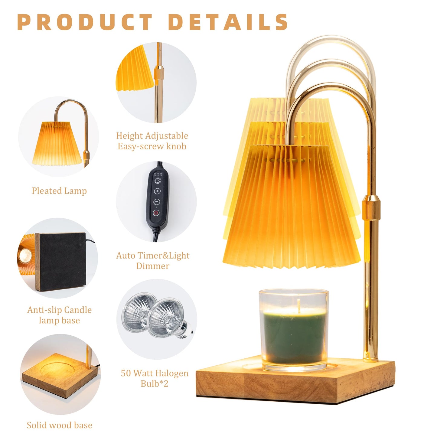 Candle Warmer Lamp with Timer Dimmable,Wax Warmer Lamp with Pleated lampshade,Height Adjustable Candle Warmer with 2 Bulbs,Gifts for Women Mom,House Warming Gifts New Home Bedroom Decor