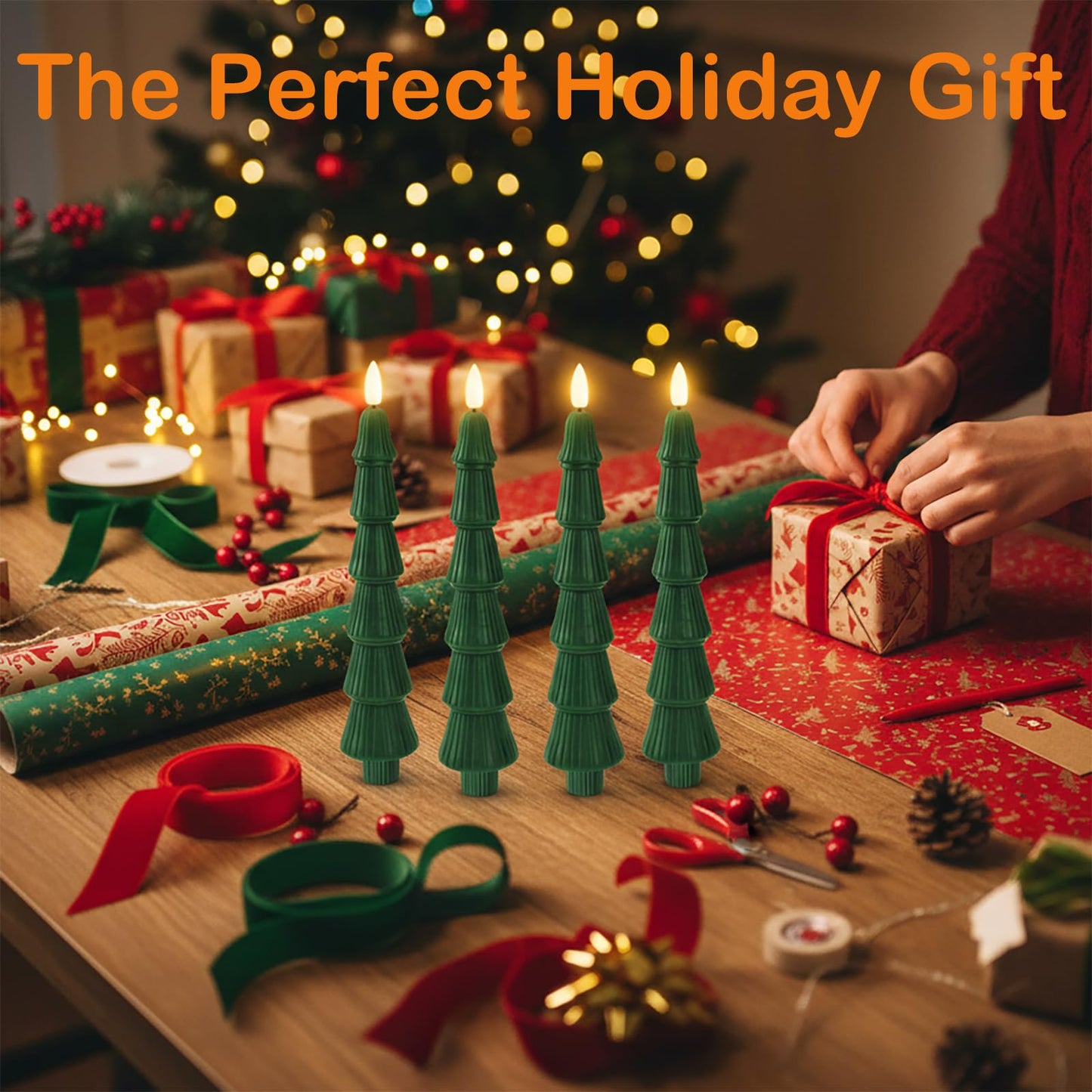 FYBW Christmas Tree Flameless Taper Candles with 10-Key Remote Timer,4 Pcs Green LED Taper Candles with 3D Flame for Holiday Decorations(Green-C)