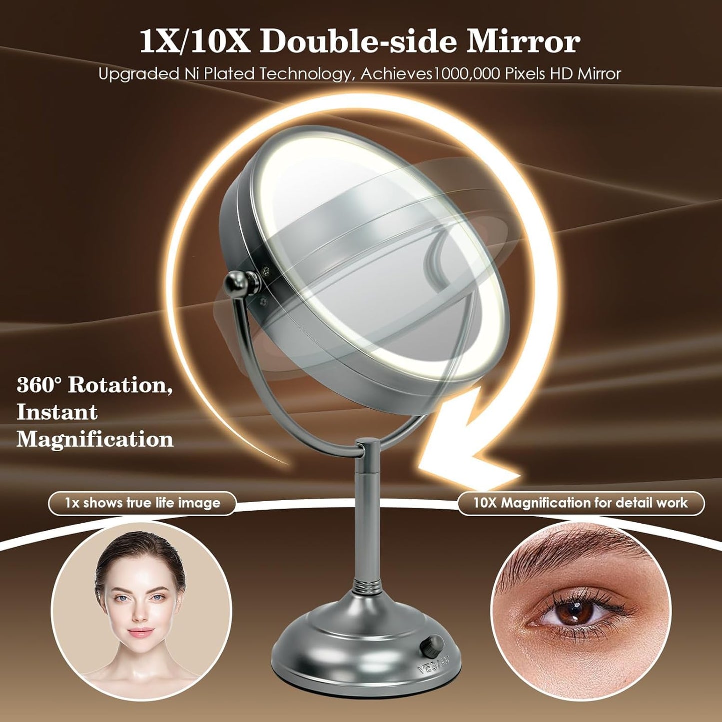 Professional 8.5" Large Lighted Makeup Mirror with Brighter Lights, 1X/10X True HD Magnifying Mirror with 3 Color Dimmable Lights, 90 Shadowless LEDs, 360°Swivel Seamless Vanity Mirror, Pearl Nickel