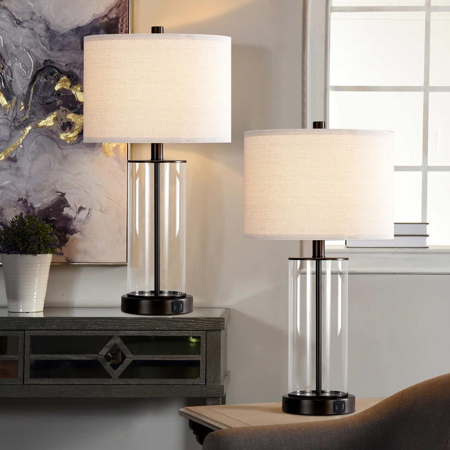 Kyrid 23.5'' Glass Table Lamp Set of 2 for Living Room with USB Ports and AC Outlets(Bulbs Included)