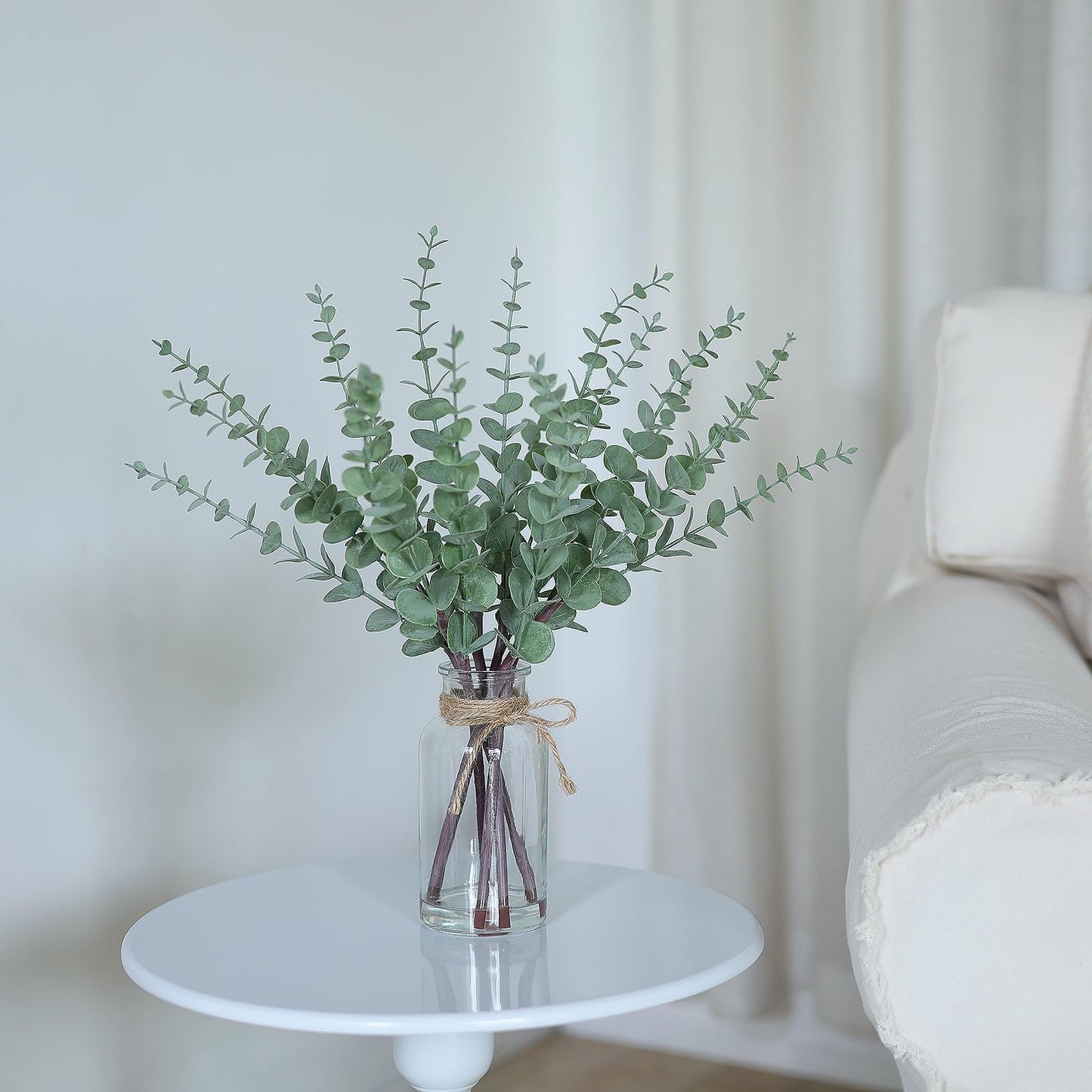 VIERENA 17.5" Artificial Eucalyptus Stems in Glass Vase with Faux Water,Fake Plant Eucalyptus Leaves White Seeds for Centerpiece Table Decorations Farmhouse Wedding Home Greenery Decor (Sage Green)