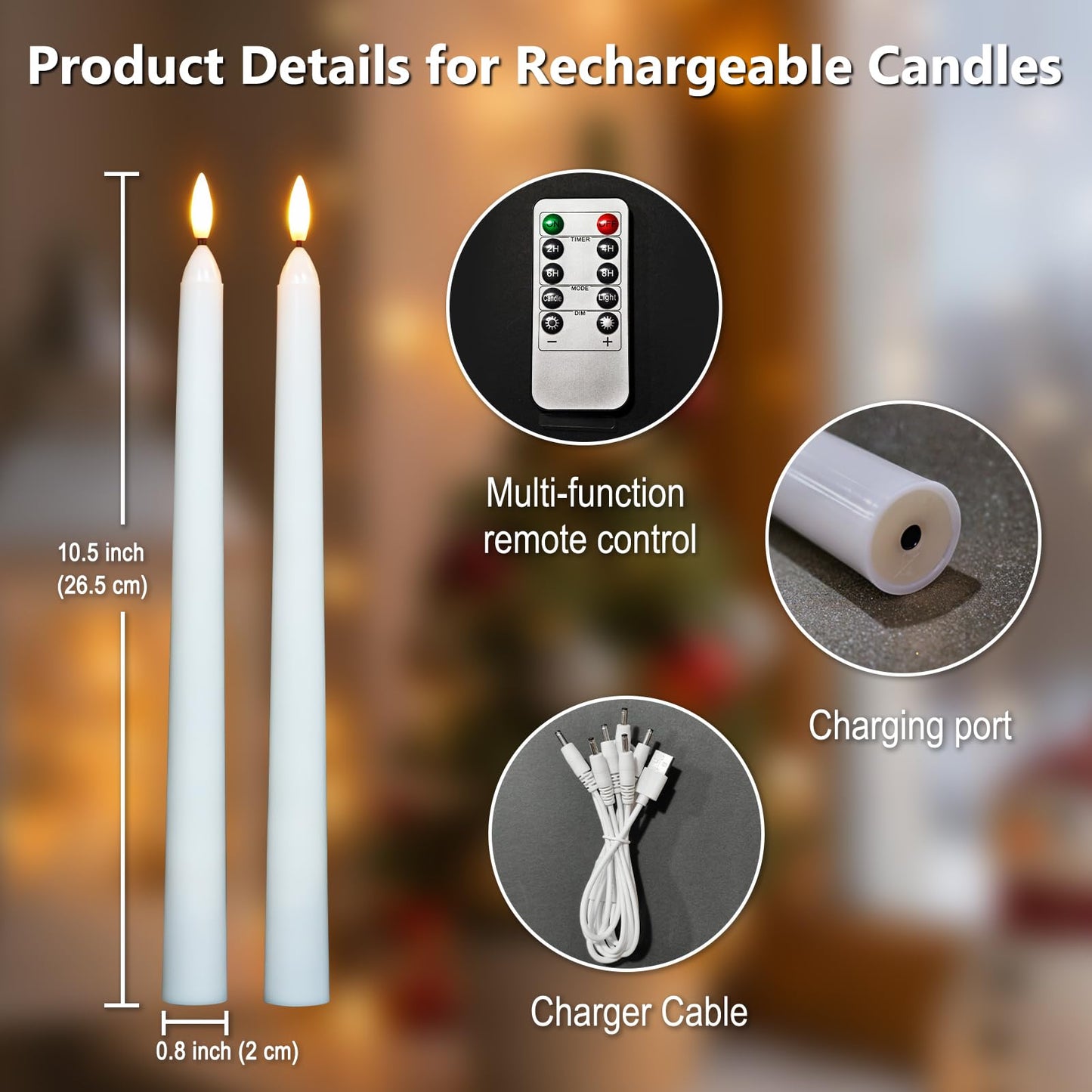 FPOO 6 Pack Rechargeable Taper Candles with USB Cable, 200+ Hours Use, Fast Charge, LED Flameless Candlesticks with Remote Timer for Home Wedding Christmas Window Party Decor