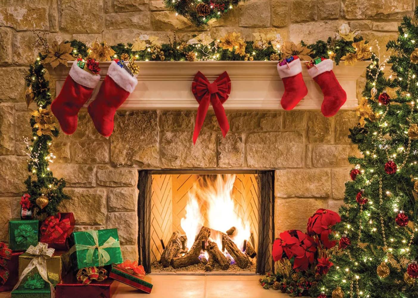 CYLYH 7x5ft Christmas Backdrops Christmas Fireplace Theme Backdrop Tree Sock Decorations for Xmas Party Supplies Photo Background Pictures Banner