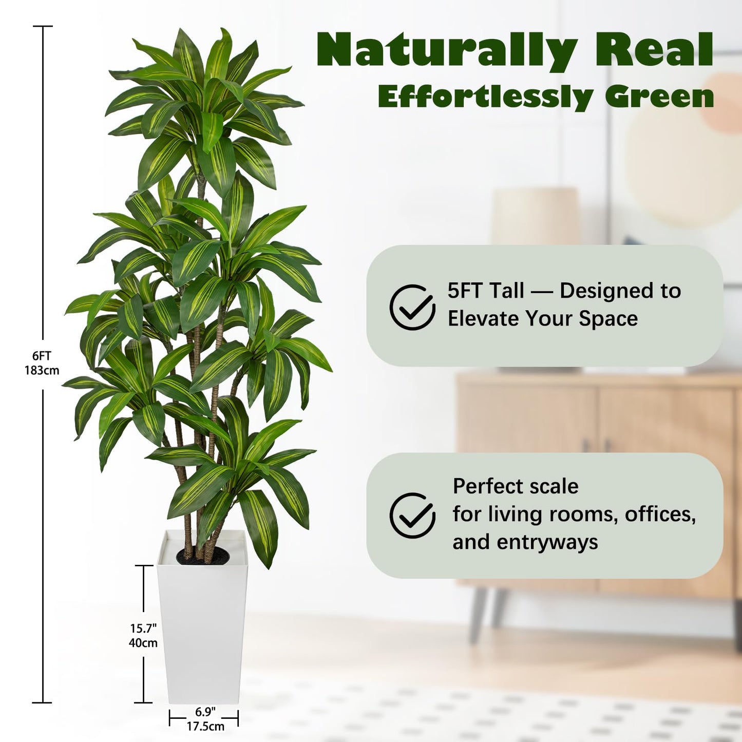 Arborus 6FT Tall Artificial Dracaena Tree, Lifelike Faux Indoor Fake Floor Plant with White Pot, Faux Tree for Home Office Living Room Entryway Décor
