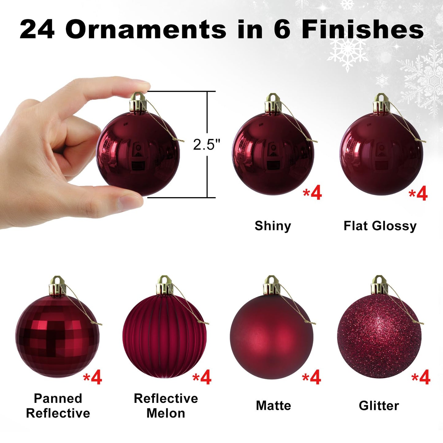 Maroon 2.5" Christmas Balls Christmas Tree Decoration Ornaments Shatterproof Hanging Balls for Birthday Halloween Holiday Wedding Decorations Set of 24pcs