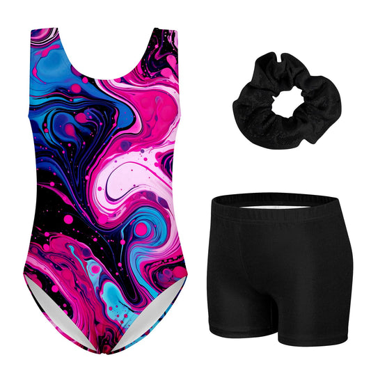 TUONROAD Gymnastics Leotard for Girls Sparkly Tumbling Dance Leotards 5t 6t Girl's Black Athletic Outfit with Matching Hair Scrunchie Colorful Marble,Size 4-5