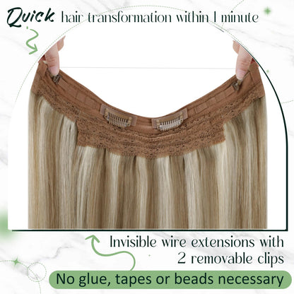 RUNATURE Blonde Secret Wire Hair Exensions Blonde Highlight Brown One Piece Hair Extensions Human Hair Wire in Extensions Straight 14 Inch 70g