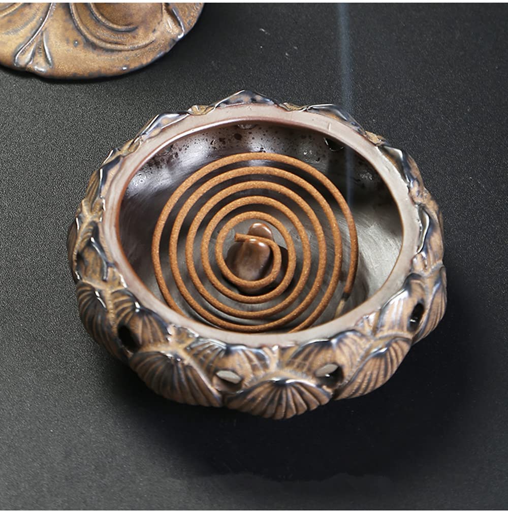 Ceramic Buddha Incense Burner Waterfall Chinese Backflow Incense Burner Holder with LED Light Incense Cones for Home Office Decor (Brown)