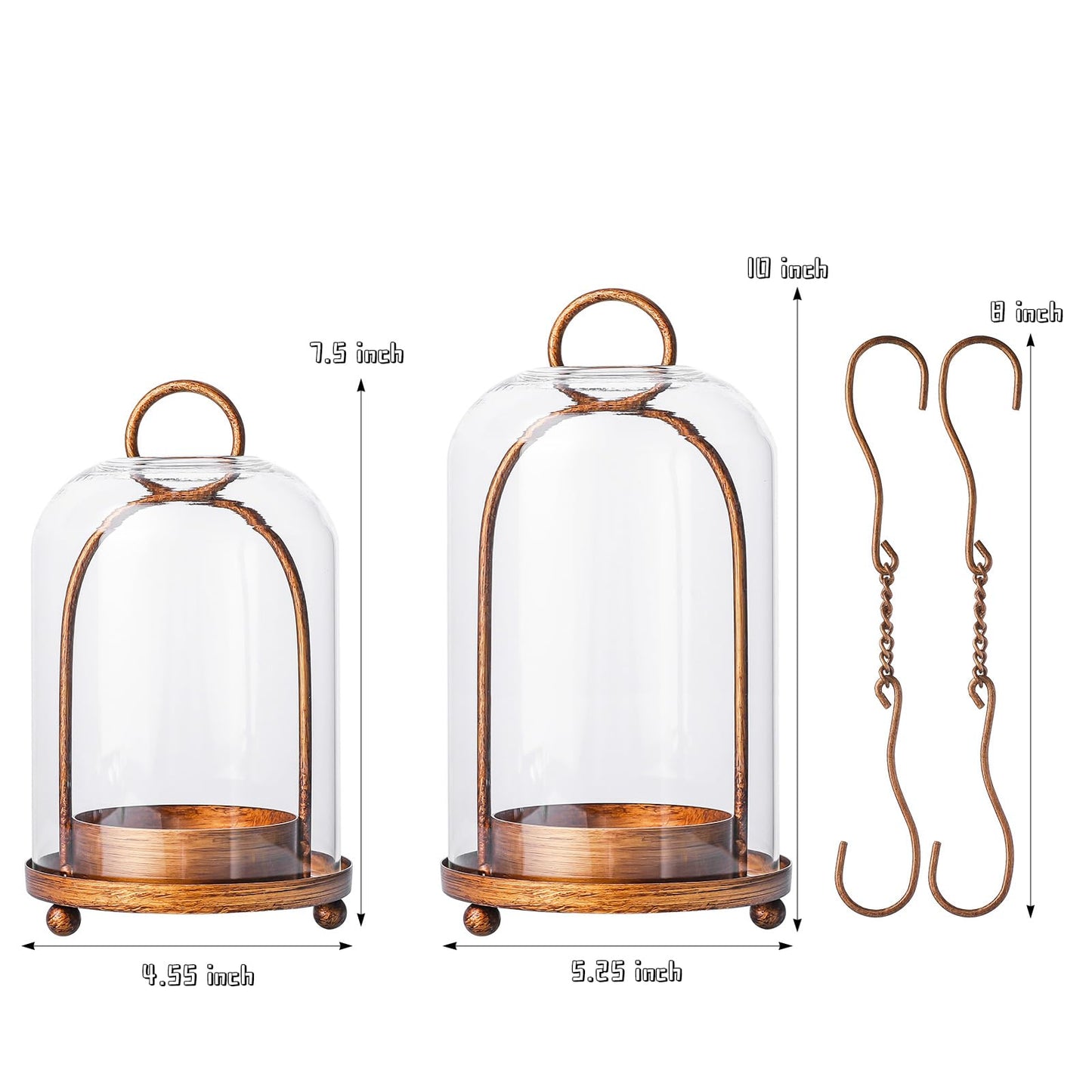 Glass Hurricane Candle Holder Decorative Gold Candle Lantern, Candlestick Holders, Hanging Metal Holder Modern Table Centerpieces (2, Brass, Large & Small)