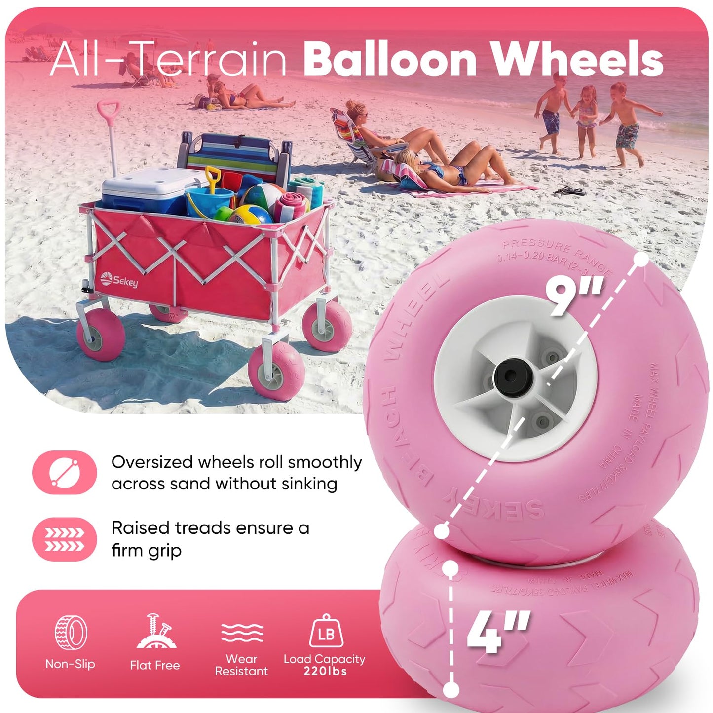 Sekey Heavy Duty Beach Wagon with 9" Big Sand-Proof Wheels – 600lb Capacity, 200L Oversized Foldable Cart | Adjustable Handle & All-Terrain Tires for Sand, Camping, Groceries