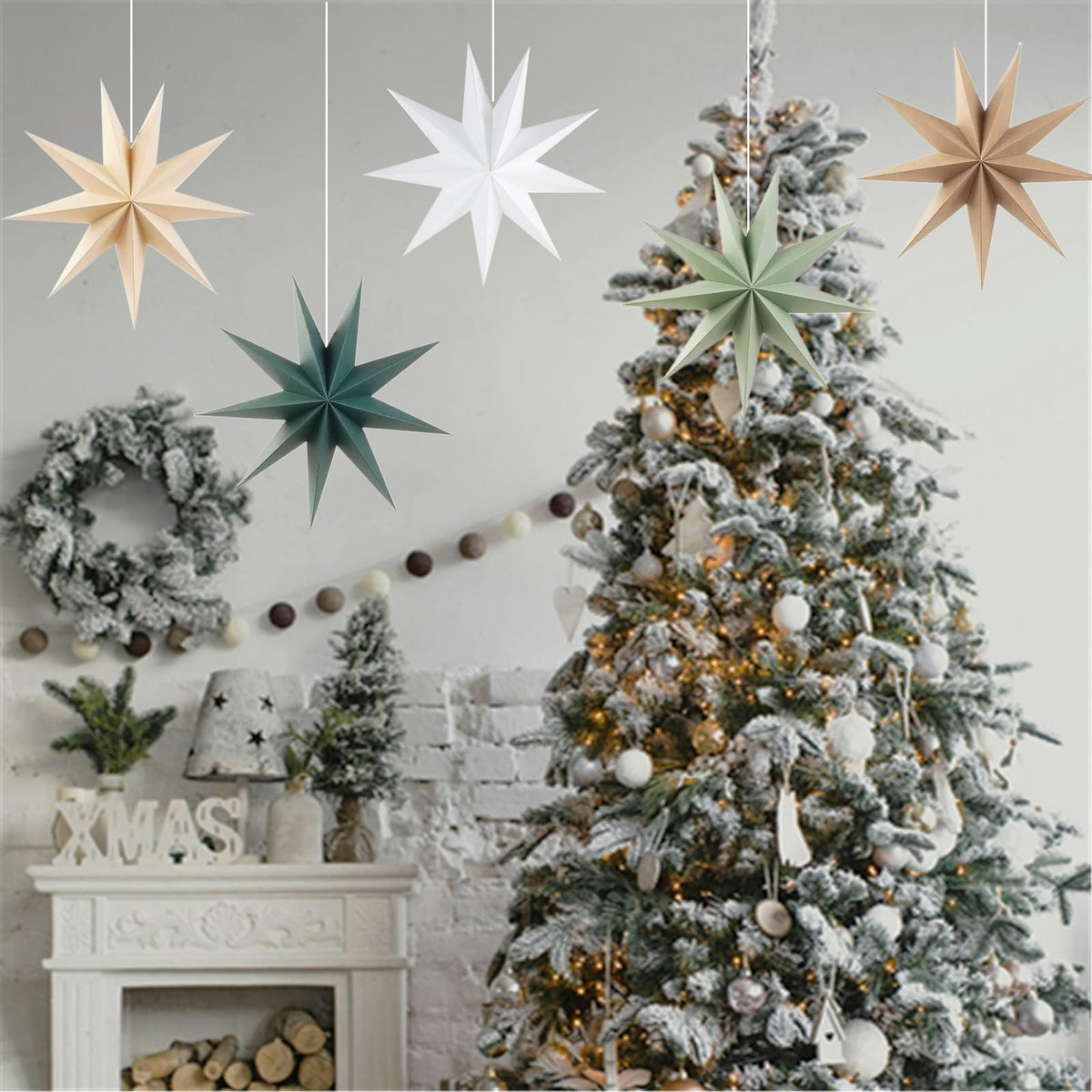 5Pcs Sage Green Paper Star 12 Inch 9-Pointed Hanging Star Lanterns for Christmas Wedding Birthday Home Winter Party Decortion