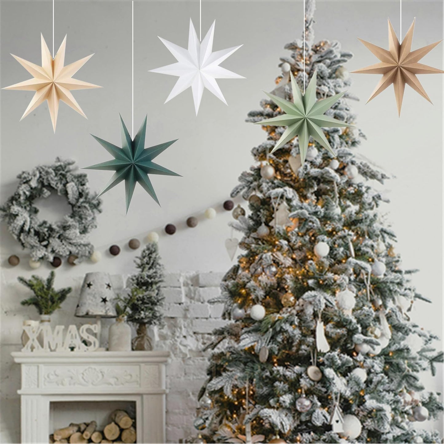 5Pcs Sage Green Paper Star 12 Inch 9-Pointed Hanging Star Lanterns for Christmas Wedding Birthday Home Winter Party Decortion