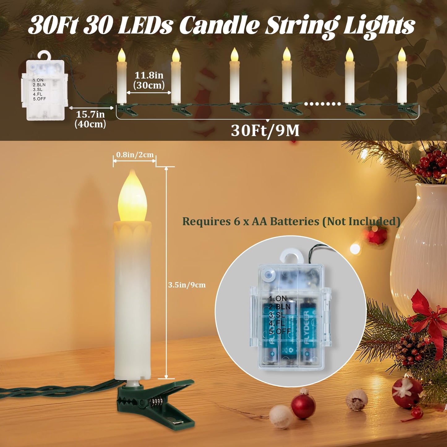 PChero Christmas Tree Candle String Lights with Remote Timer, 30Ft 30 LED Battery Operated Clip on Candles Lights, Waterproof Flickering Flameless Candle String Lights for Home Wedding Party Decor