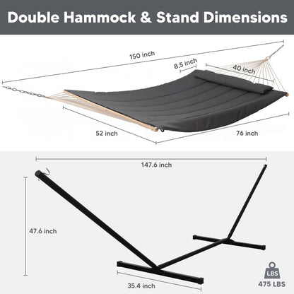 SUNCREAT Double Outdoor Hammock with Stand, Two Person Cotton Rope Hammock with Polyester Pad, Dark Gray