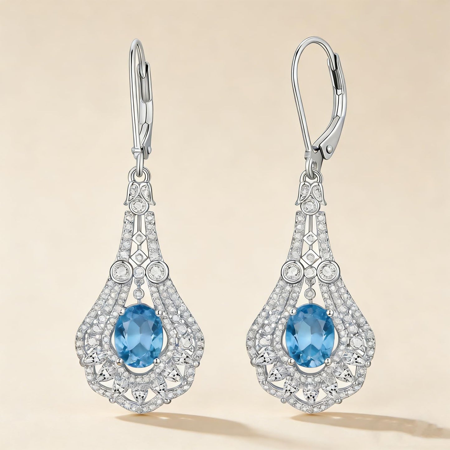 Lvoryance 1.5CT Genuine Swiss Blue Topaz Earrings 925 Sterling Silver 6mm * 8mm Oval Cut March Birthstone Drop Earrings for Women